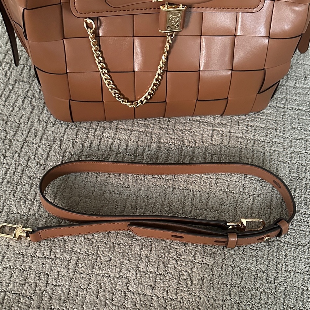 Michael Kors Woven Leather Satchel in Cognac Brown with Gold Hardware - Picture 6 of 12